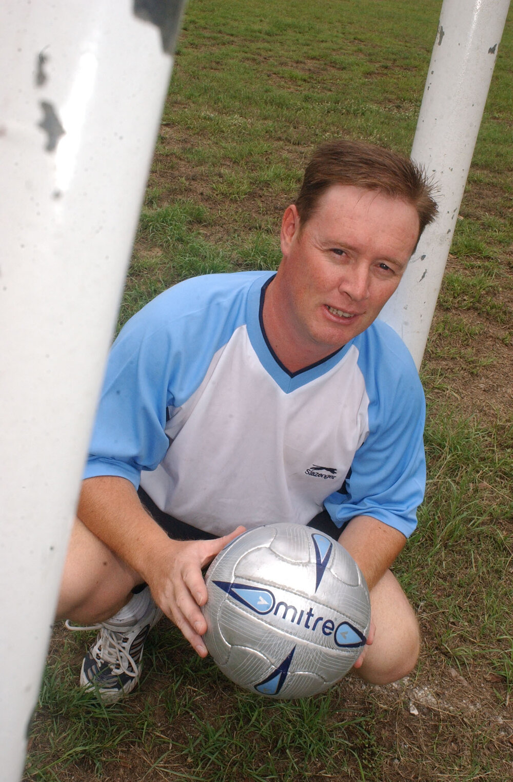 Bill Livingstone with a soccer ball, Ipswich, February 2003