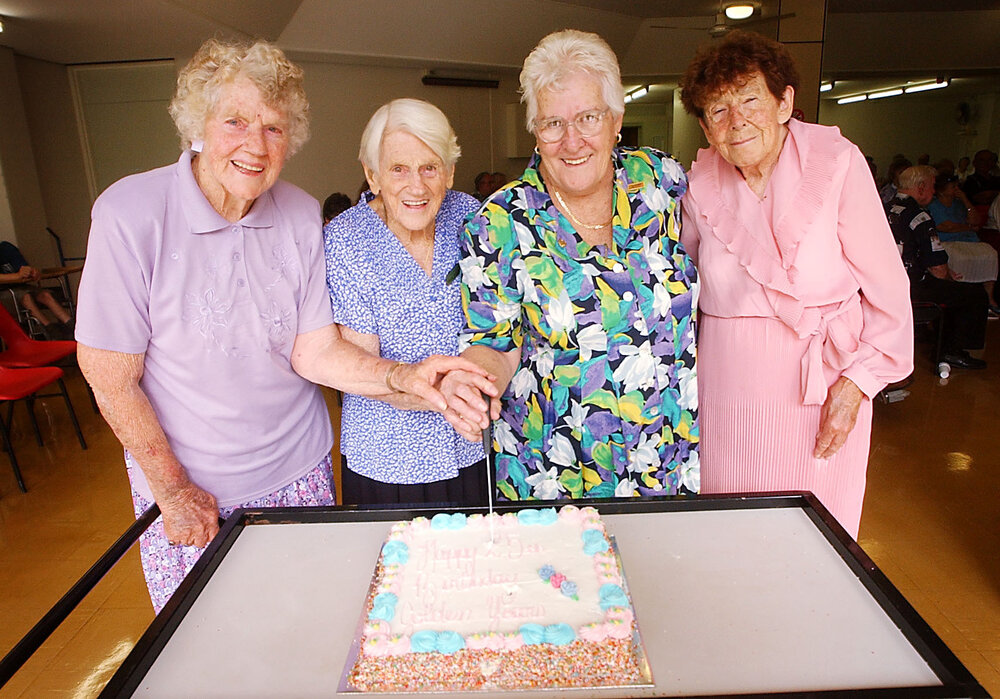 Edna Maiden, Hilda Rasmussen, May Willis and Jean Martin celebrating Golden Years Concert's 25th birthday, Ipswich, February 2003
