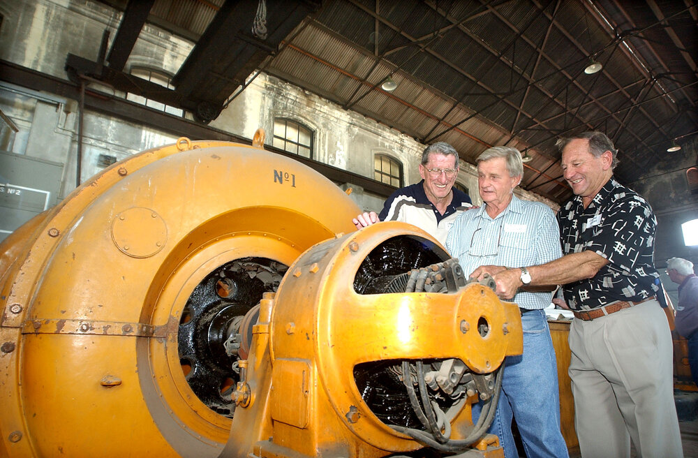 Electricians  Gerry O'Sullivan, Mick Boland and Grahame Kruger at the railway workshops, Ipswich, February 2003