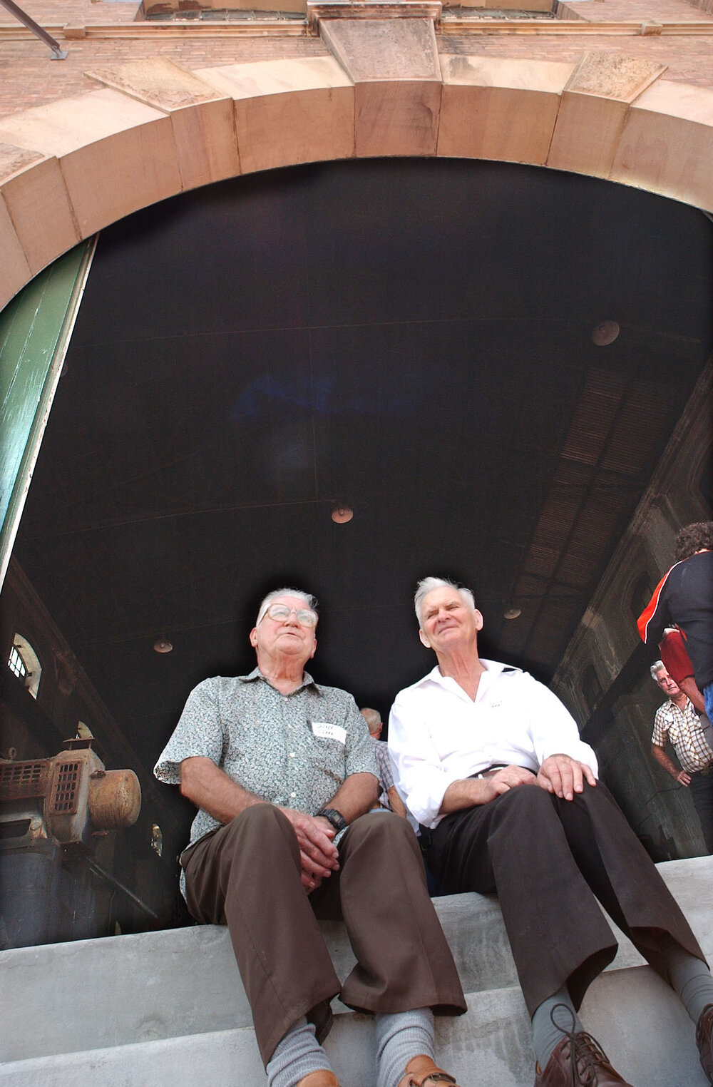 Electricians, George Clark and Cliff Rea at the railway workshops (both started in 1938), Ipswich, February 2003.