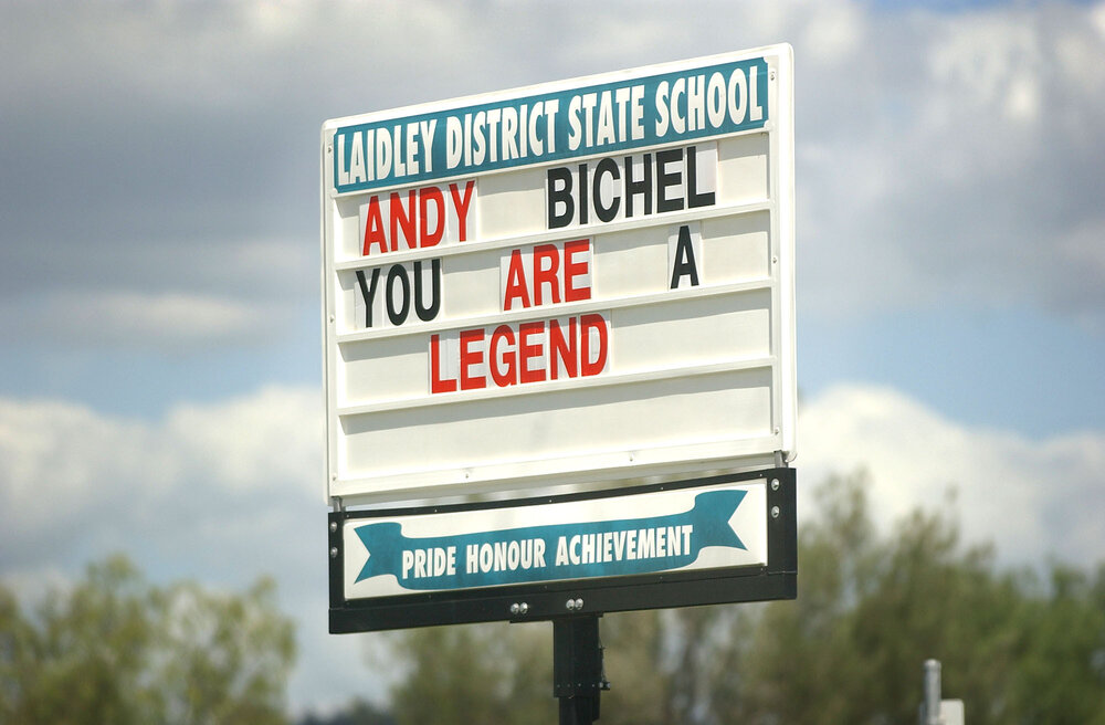 Sign at Laidley District State School for Australian cricketer, and Laidley local, Andy Bichel, Ipswich, March 2003