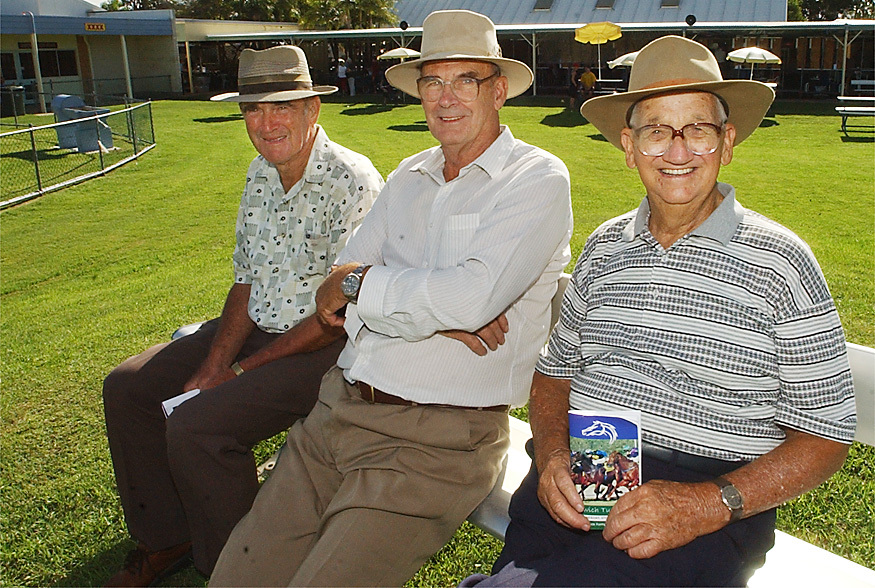 Les Stokes, Neil Fullarton and Dudley Lucas at the horse races, Ipswich, March 2003