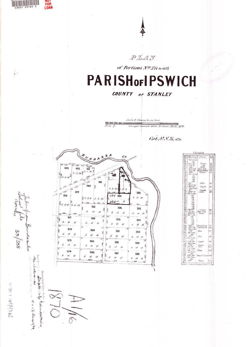  Parish of Ipswich, county of Stanley map : plan of portions nos 374 to 403