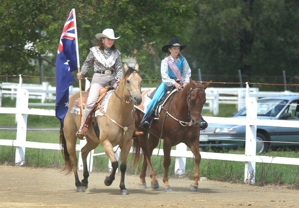 Christine and Jessica Balatinacz participating in a rodeo, Rosewood, March 2003