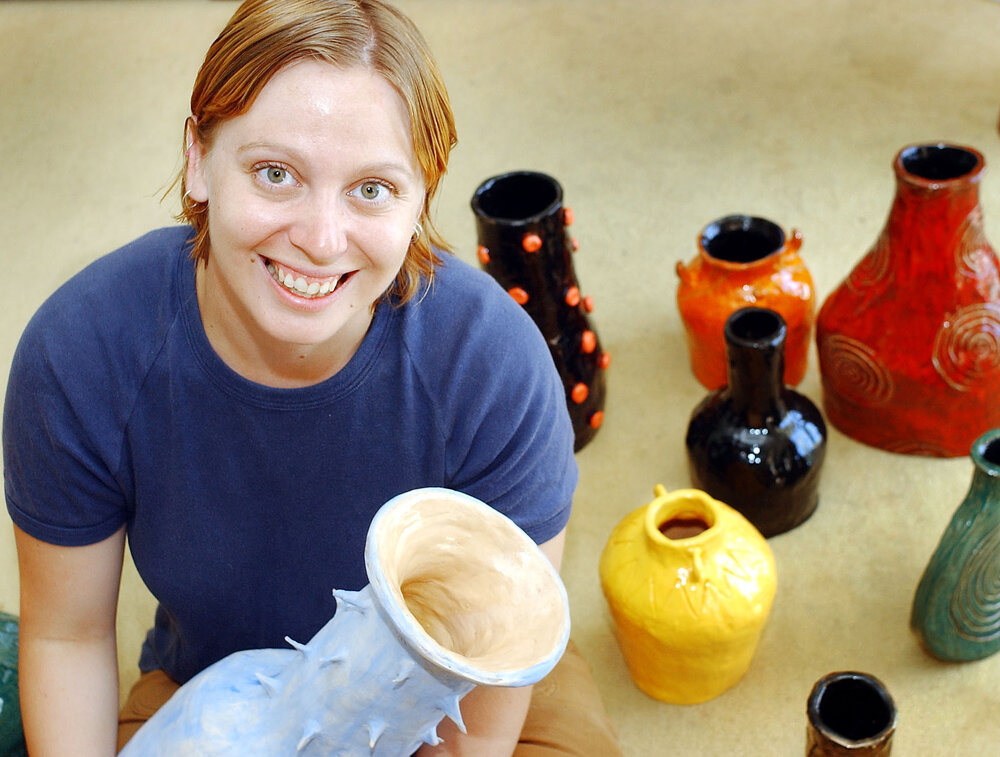 Artist, Yvie Klysz at ceramics exhibition, Ipswich, March 2003