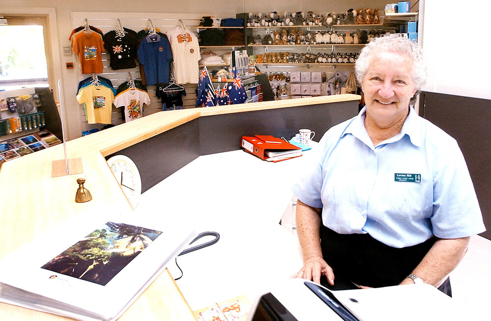 Ipswich Visitor Information Centre co-manager, Lavina Hill at her desk, Ipswich, March 2003