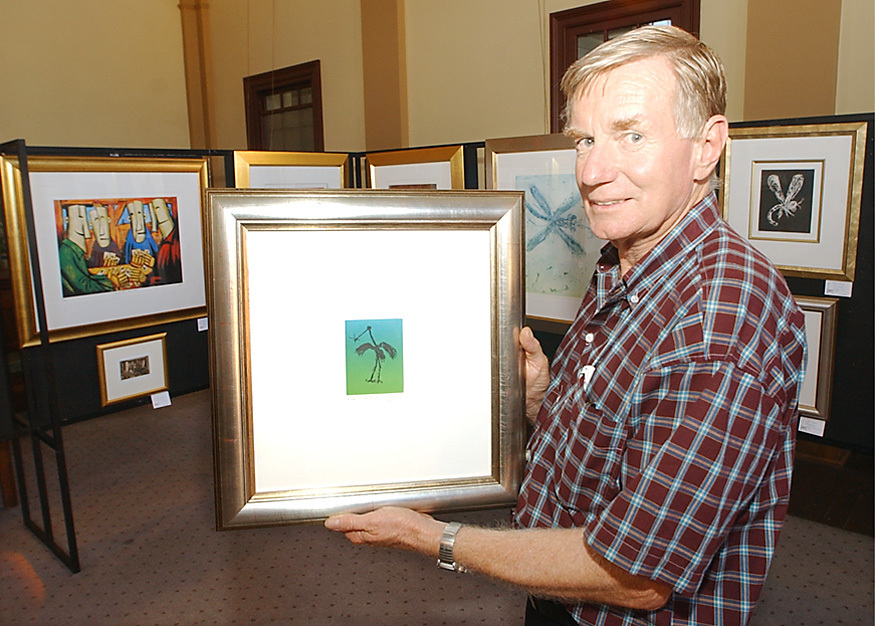 Ron Hunt with Pro Hunt artworks at the gallery, Ipswich, March 2003