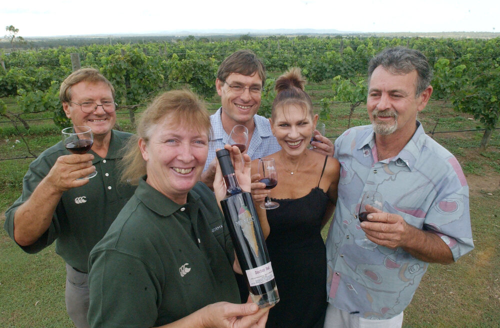 Mick Hall, Jenny Hall, Greg Jardine, Denise Land and Bill Land at a winery, Ipswich, April 2003