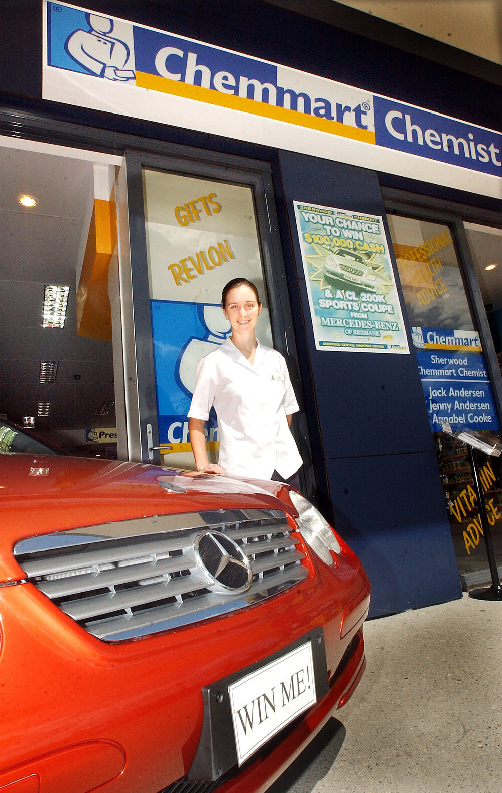 Unidentified woman with car prize from Sherwood Chemmart Chemist's giveaway event, Ipswich, April 200