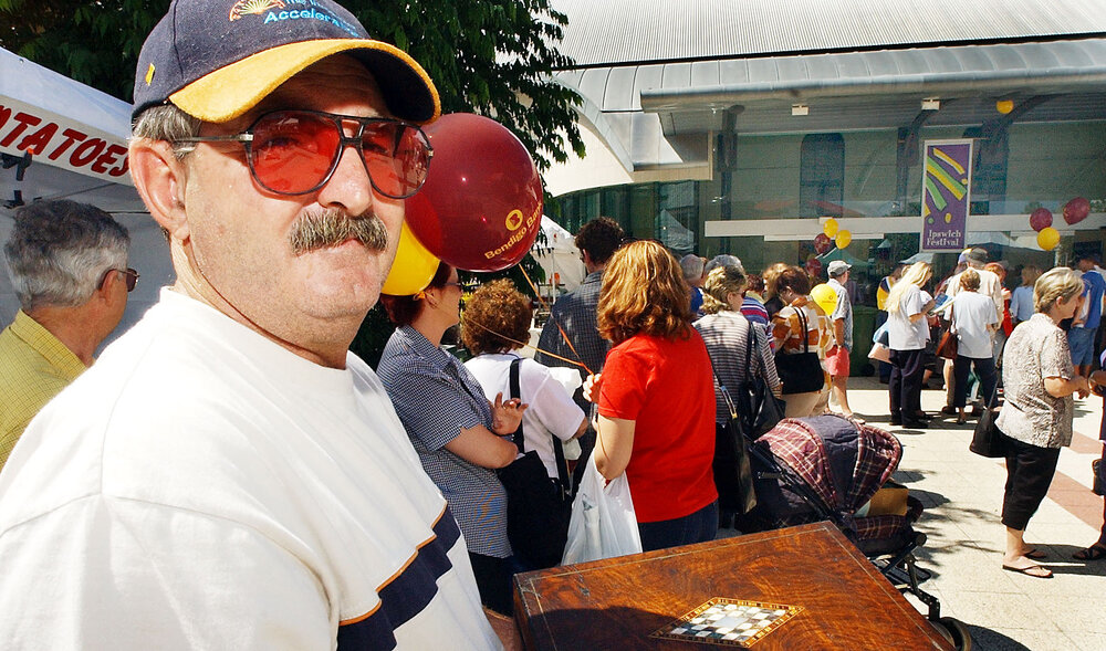 Rerry Bates  waiting in line outside the gallery at Ipswich festival, Ipswich, April 2003