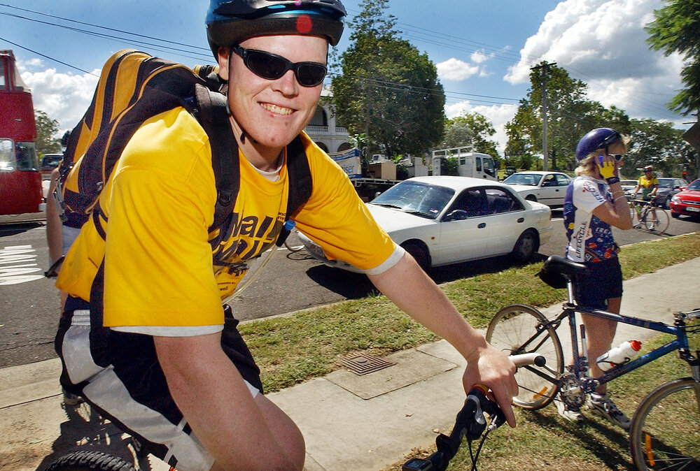 Cyclist Errol Morris arriving at the park, Ipswich, April 2003