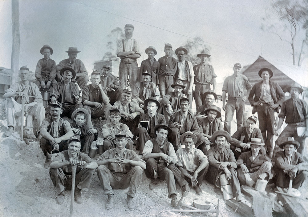 Miners at the pithead at a mine in Walloon, Ipswich, c.1900
