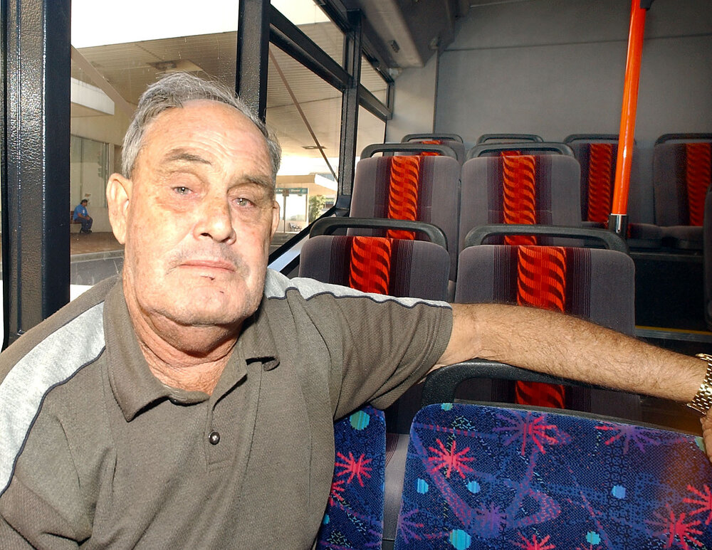 George Williams on a public bus, Ipswich, April 2003