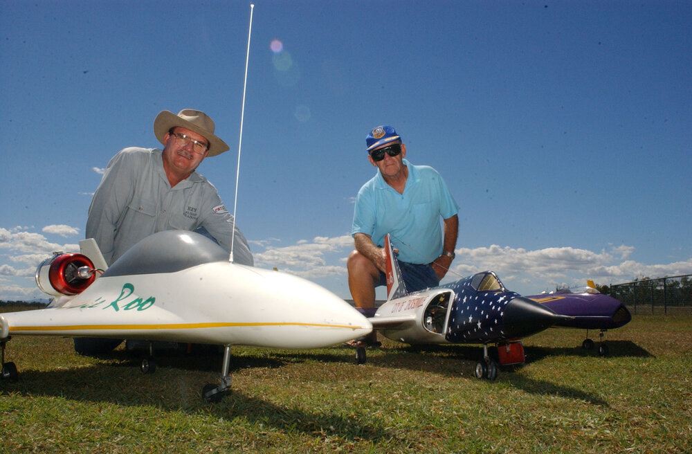 Kevin Dodd and Ken Jack with model aircrafts, Ipswich, April 2003