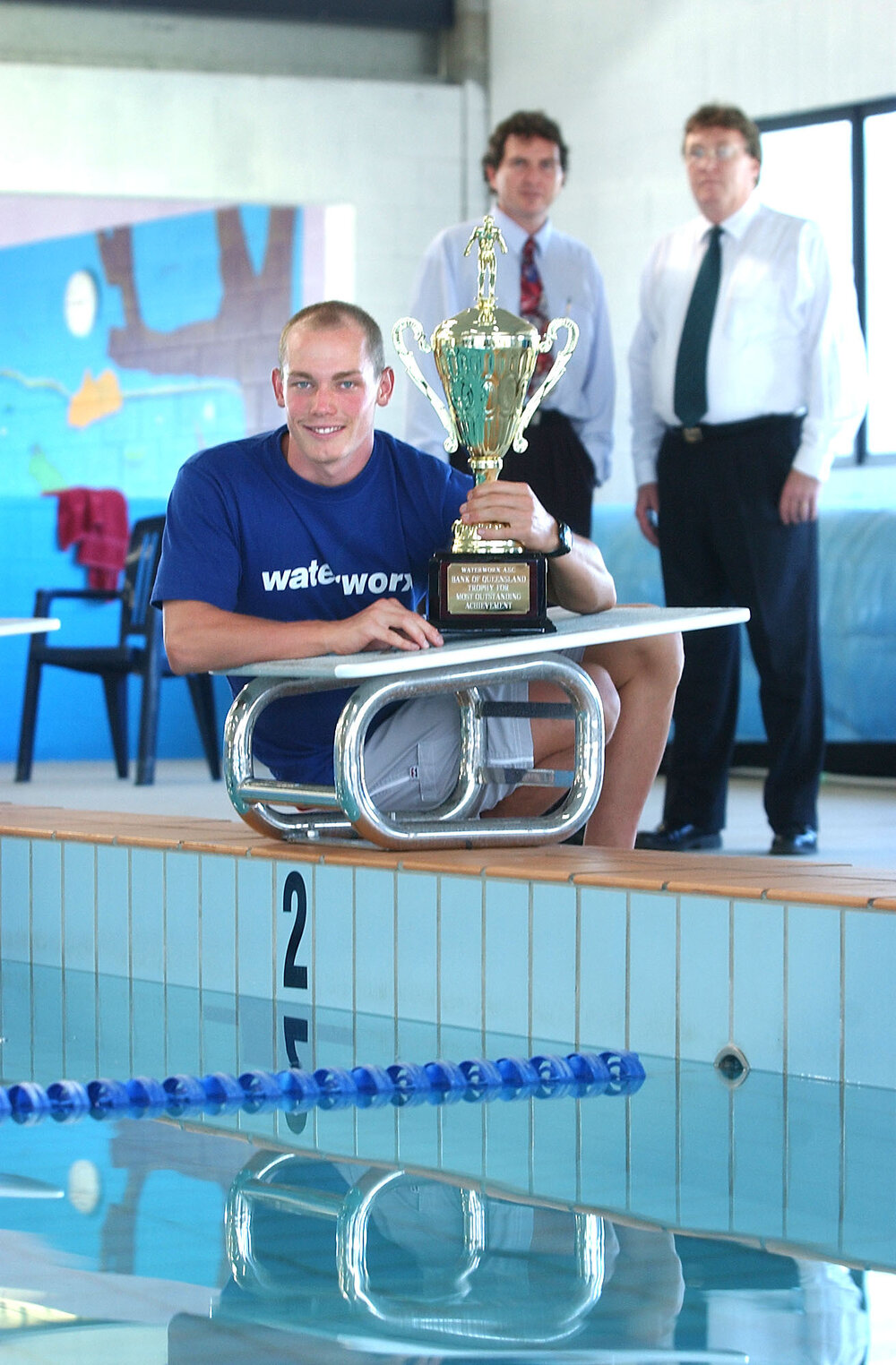 Robert McDonald, Cr David Morrison and Kym Wickstein at Waterworx Aquatic Lifestyle Centre, Ipswich, April 2003