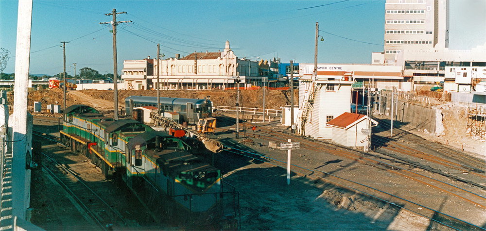 Ipswich Railway Station Signal Box during demolition of precinct, Ipswich, c.1987