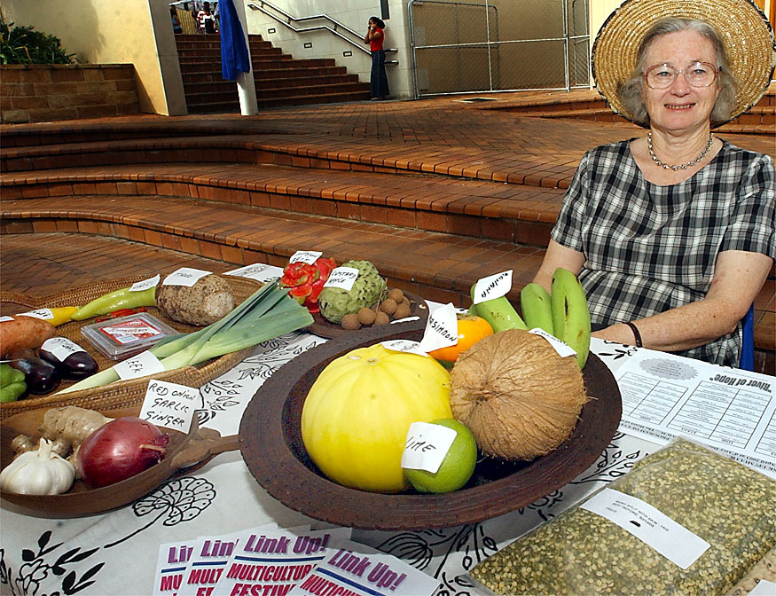 Elspeth Douglas with an assortment of exotic vegetables and other cooking ingredients at the multicultural festival, Ipswich, April 2003