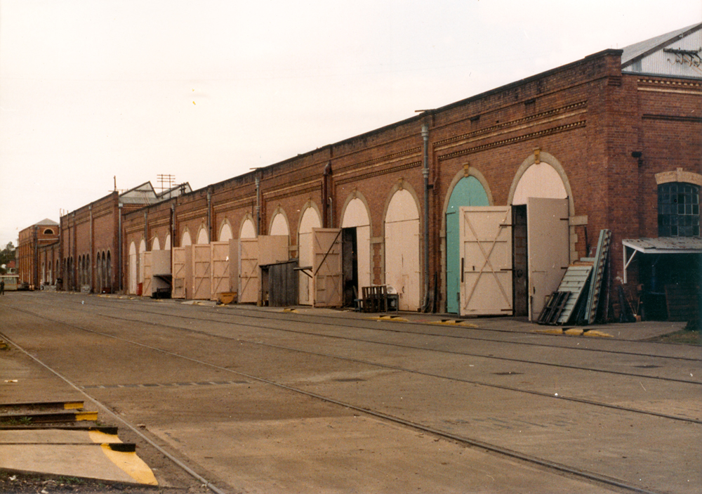 Traverser track looking east towards Main Gate, Ipswich Railway Workshops, North Ipswich, 1987