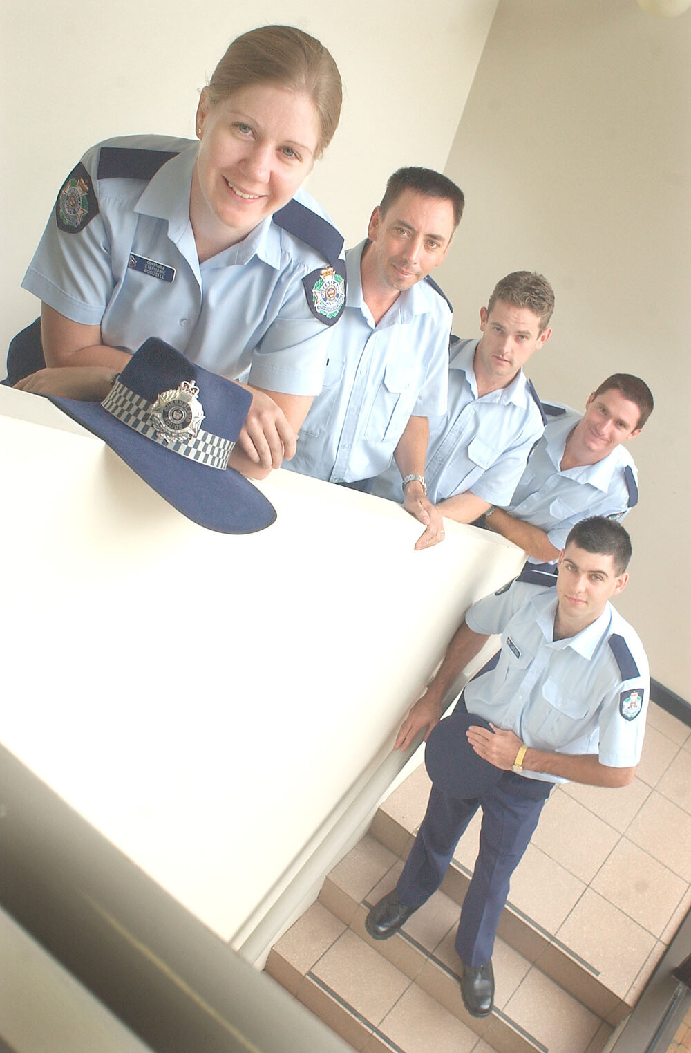 Graduates, Stephanie Woodsell, Paul Coates, Allan Calam, Kameron Kenny and Deniel Beasy at Yamanto Police Station, Ipswich, April 2003
