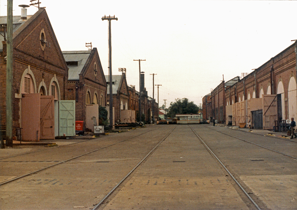 Traverser track, looking east towards main gate, Ipswich Railway Workshops, North Ipswich, 1987