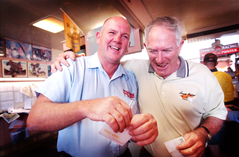 Mark Boettcher and Keith Self losing their bet for the Melbourne Cup, Ipswich, November 2003