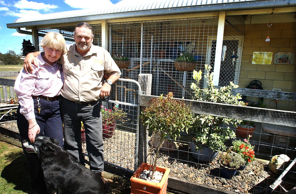 Winners of the Chamber of Commerce Awards, Christine Ibbotson and Max Crimmins with dog, Jimmy, at the Imparra Pet Motel, Purga, November 2003