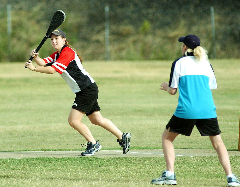 Claire Cuthbert batting for Tangalooma in a Tangalooma vs Occasional vigoro match, Ipswich, November 2003