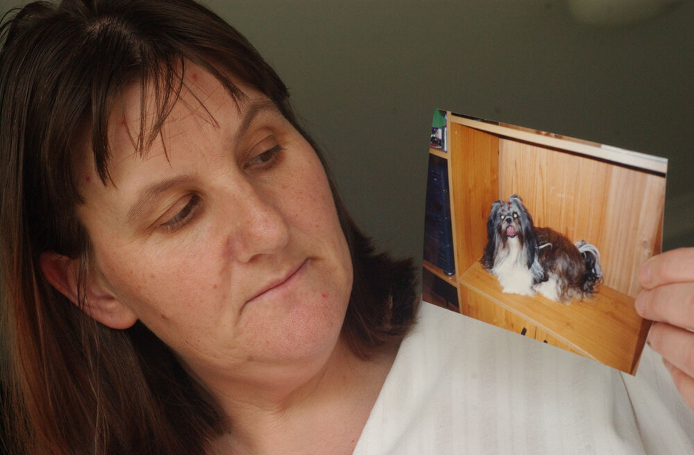 Joanne Shead with a photo of a dog, Ipswich, August 2003