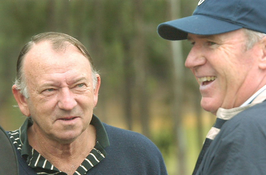 Thought to be Cricketer, Allan Border with unidentified man at Brookwater golf course, Brookwater, August 2003