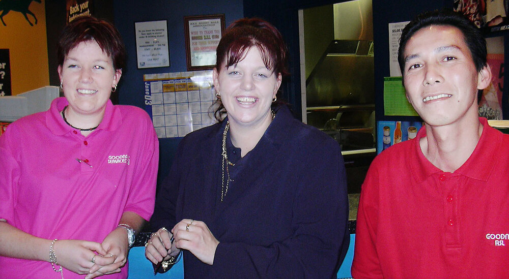 Amanda Pygram, Katrina Castle and Quynh Truong, all staff at Goodna RSL, Ipswich, August 2003