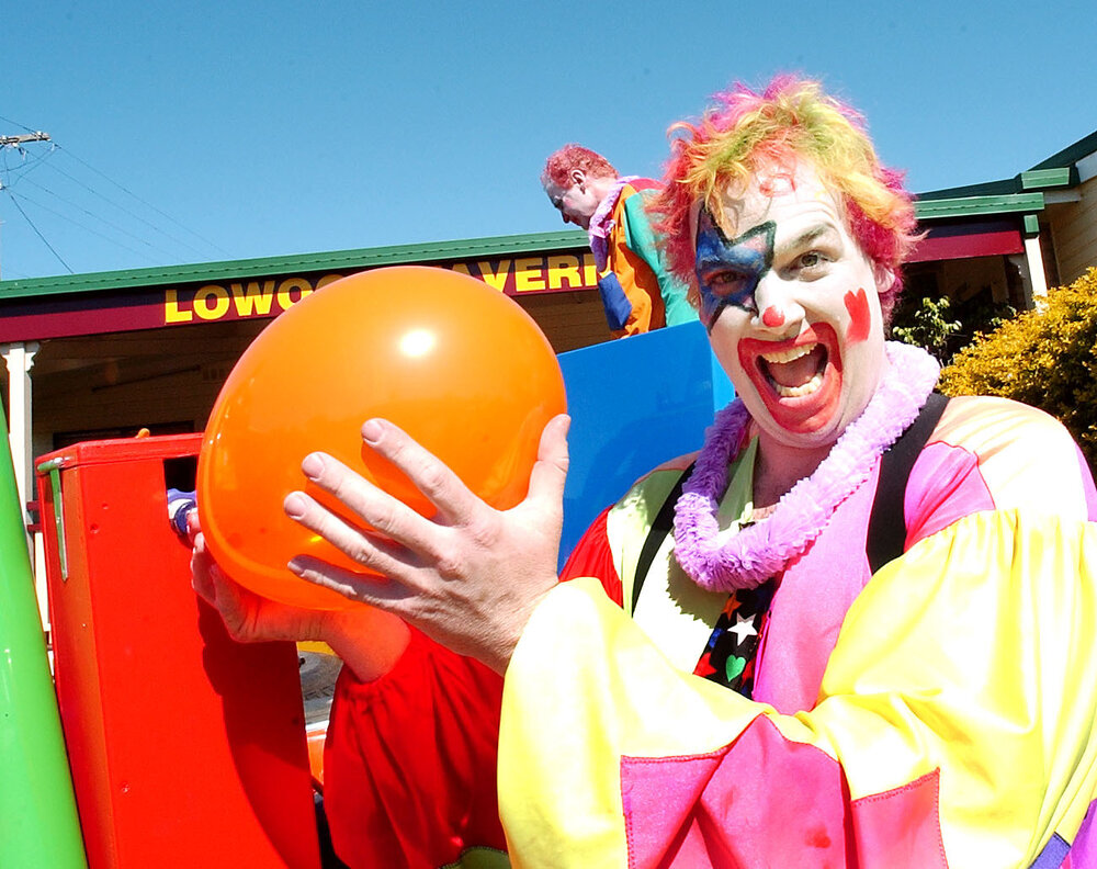 Damyian Burke from the 'official Vehicle of Fun' at the start of the Variety Bash, Lowood, August 2003