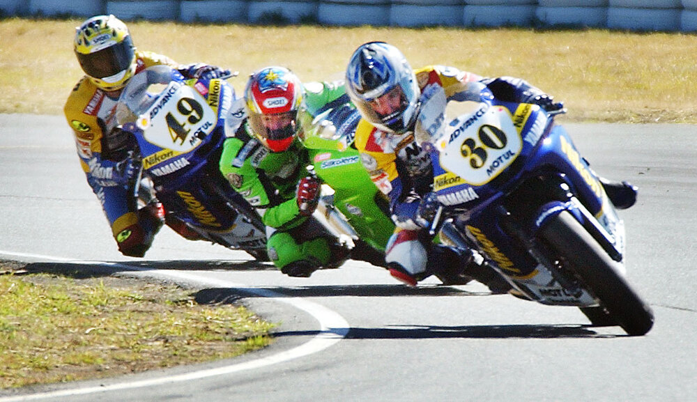 Brendan Clarke, Russell Holland and Kevin Curtain riding for the Australian Superbike Championship at Queensland raceway, Ipswich, August 2003