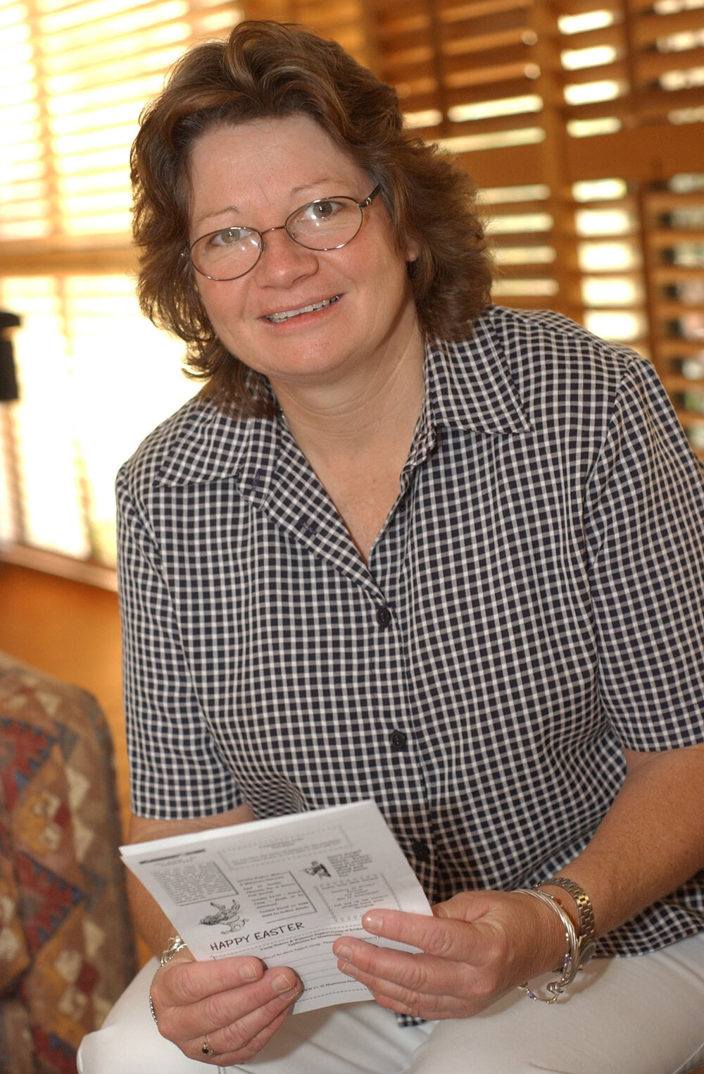 Ellen Ferris holding an Easter card, Ipswich, May 2003