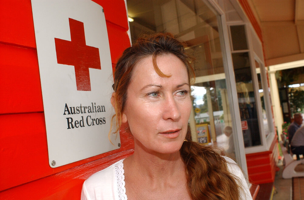 Suan Mazitelli outside of the Australian Red Cross, Ipswich, May 2003