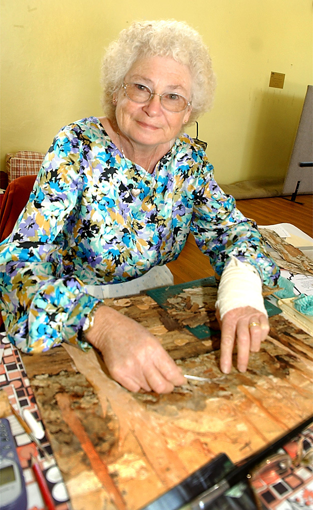 Joan Gilbert working on a bark picture, Ipswich, May 2003