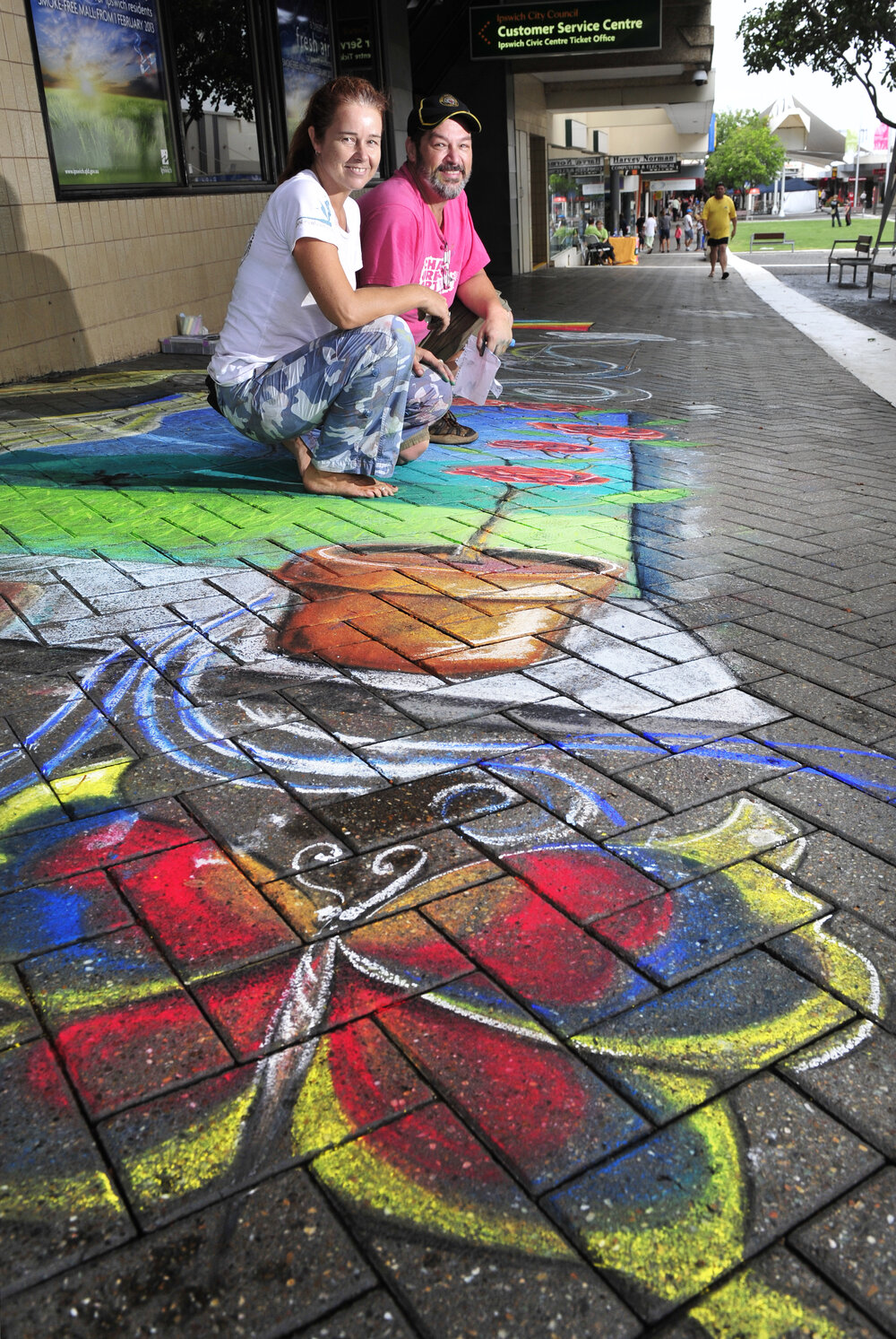 Chalk artists Amelia Batchelor and Dom Intelisano, Ipswich Mall, Ipswich, January 2013