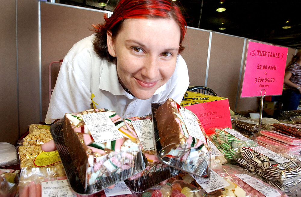 Unidentified woman selling Liquorice and various Lollies at the Ipswich show, Ipswich, May 2003