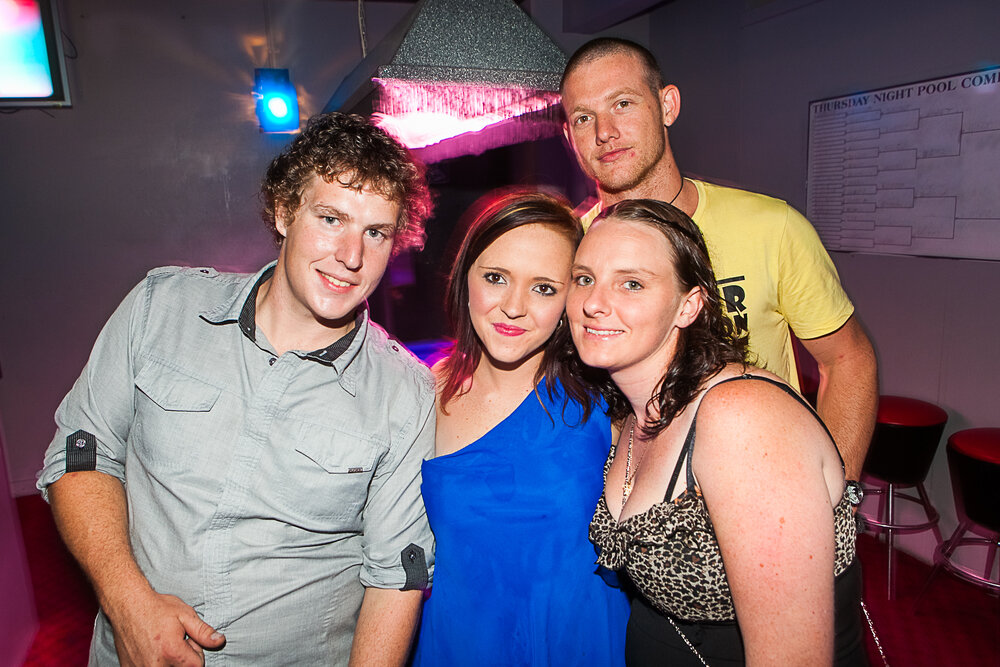 Ryan Jackson, Gabrielle Schoenfisch, Kristina Schoenfisch and Paul Parsons at Cocktails Nightclub, Ipswich, January 2013