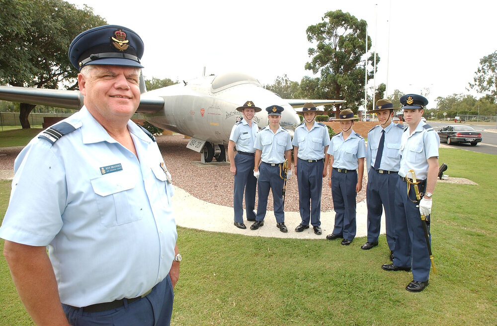 Flight Lieutenant Ken Brandes, Warrant Officer Mark Merrell, Cadet Under Officer Nick Barry, Cadet Tristan Williams, Corporal Emily Crompton, Leading Cadet Spencer Levers, and Cadet Under Officer John Fisher, Amberley, May 2003