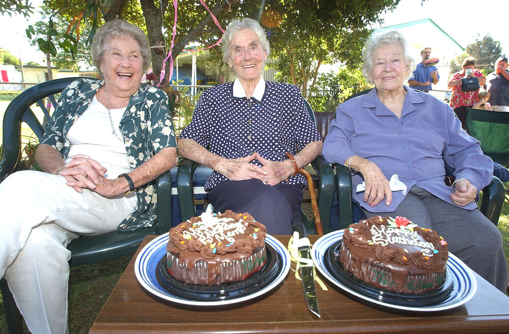 Norma Nunn, Edith 'Mem' Wulff and Willa O'Brien on their 90th birthday celebration, Ipswich, May 2003