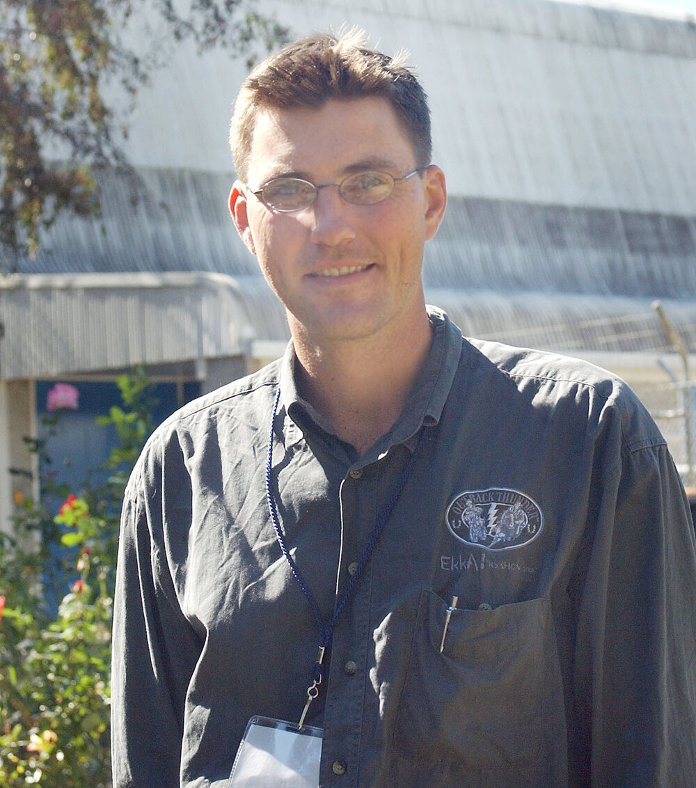 Unidentified man working for the Outback Thunder at the Ekka, Ipswich, May 2003