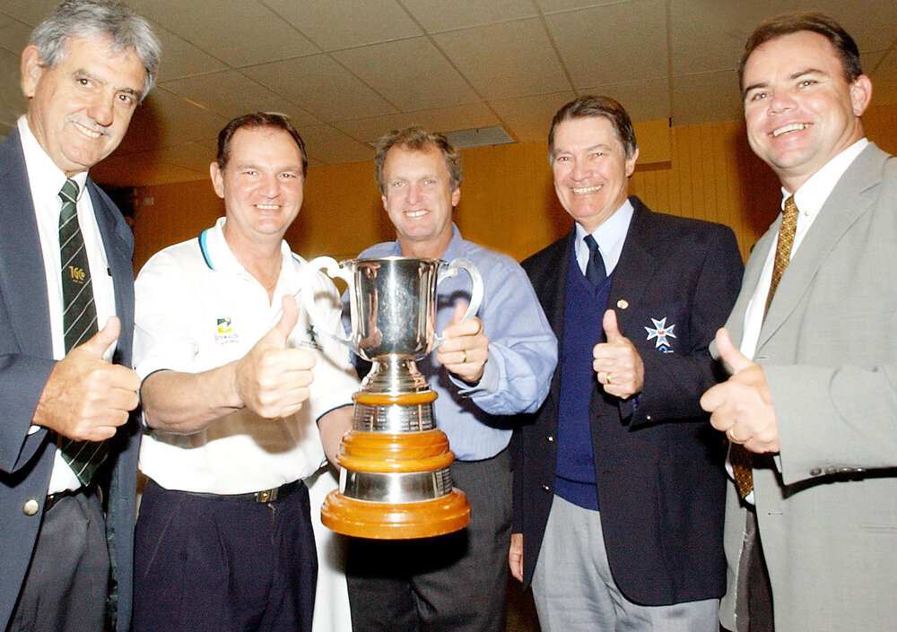 Ken Delany (President of IGC), Paul Pisasale, Wayne Grady, Barry Shepherd and Gavin Kirkman (Qld Executive Officer PGA) holding a trophy from the Ipswich Open, Ipswich, May 2003