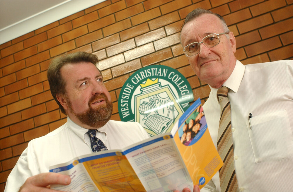Paul Tully and Peter Wilson at Westside Christian College, Ipswich, May 2003