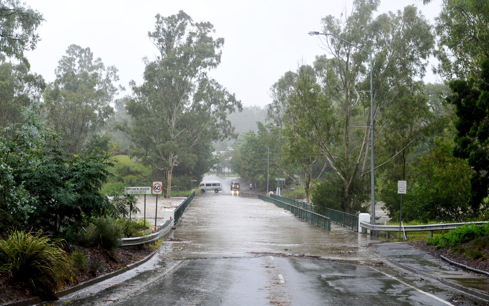 Flood waters covering the Hancock Bridge, Brassall, Ipswich, January 2013