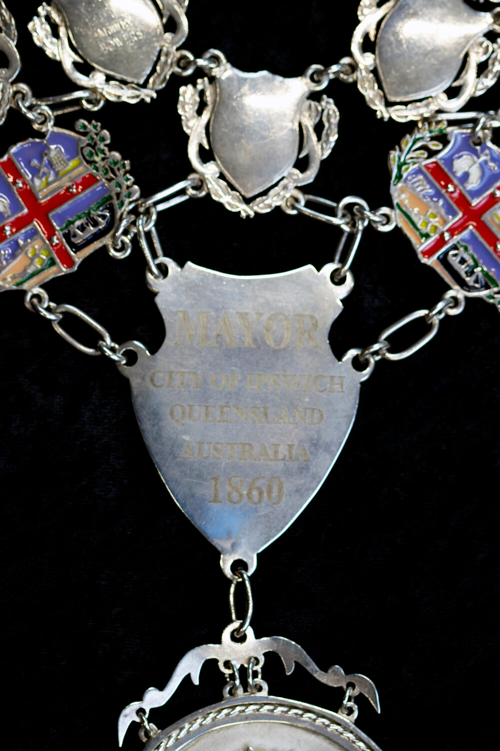 'Mayor: City of Ipswich, Queensland, Australia 1860' shield, close-up of the Ipswich Mayoral Chains of Office, in use since 2010 