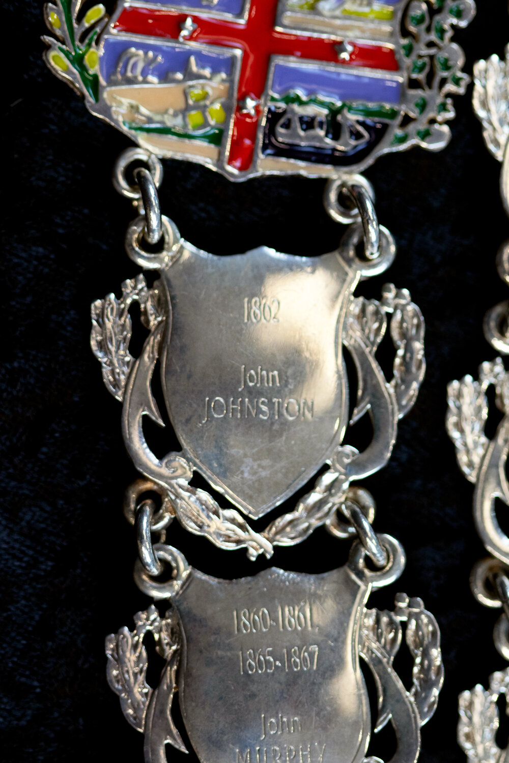 Shield for 2nd Mayor of Ipswich John Johnston, close-up of the Ipswich Mayoral Chains of Office, in use since 2010 