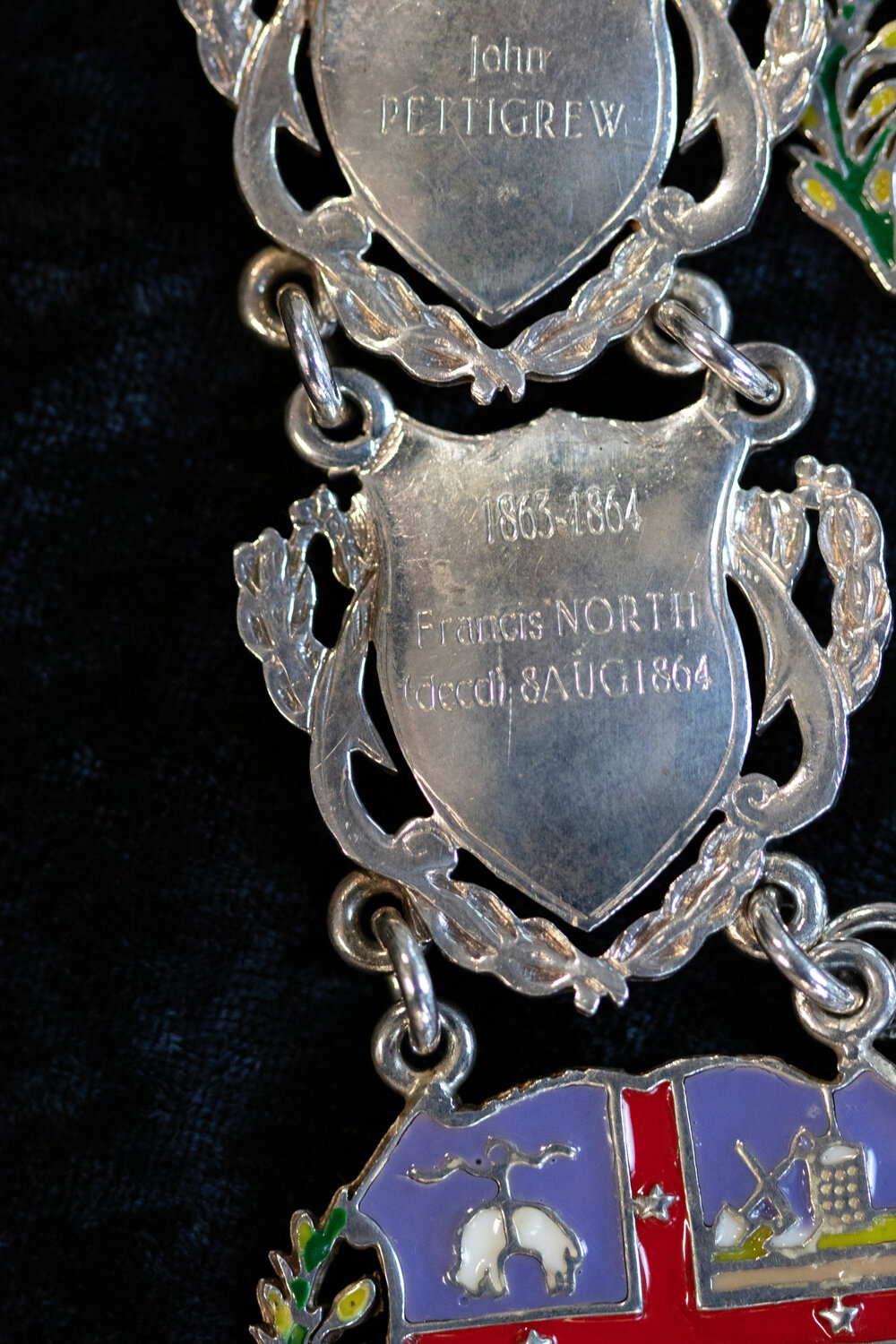Shield for 3rd Mayor of Ipswich Francis North, close-up of the Ipswich Mayoral Chains of Office, in use since 2010 