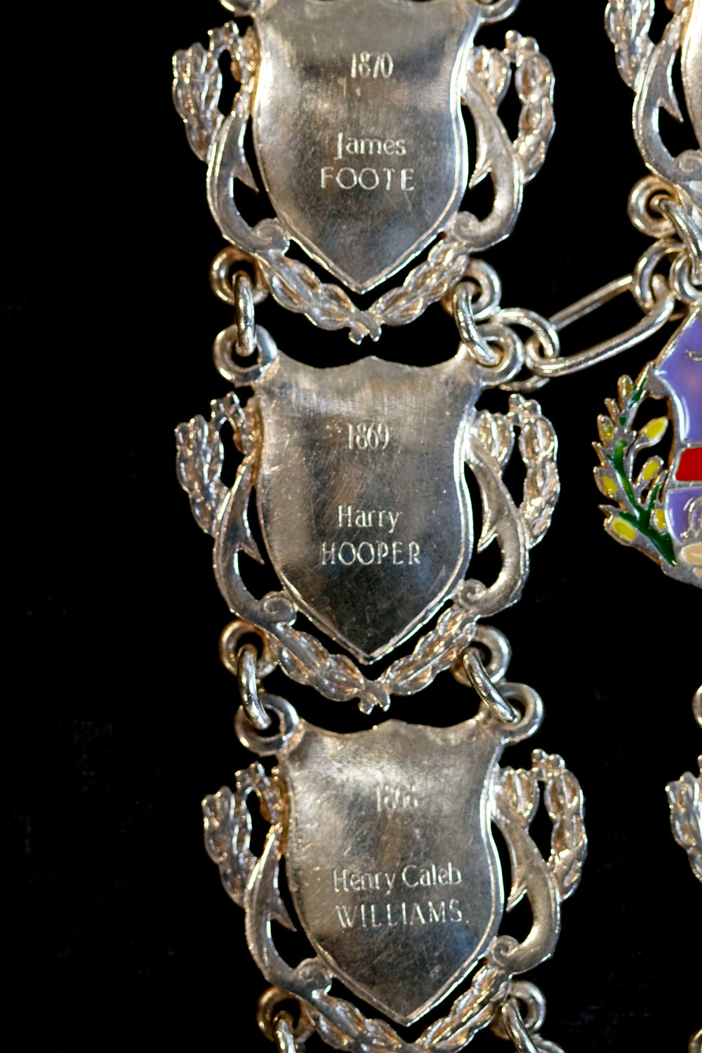 Shield for 5th Mayor of Ipswich Henry Caleb Williams, 6th Mayor Harry Hooper, and 7th mayor James Foote, close-up of the Ipswich Mayoral Chains of Office, in use since 2010 