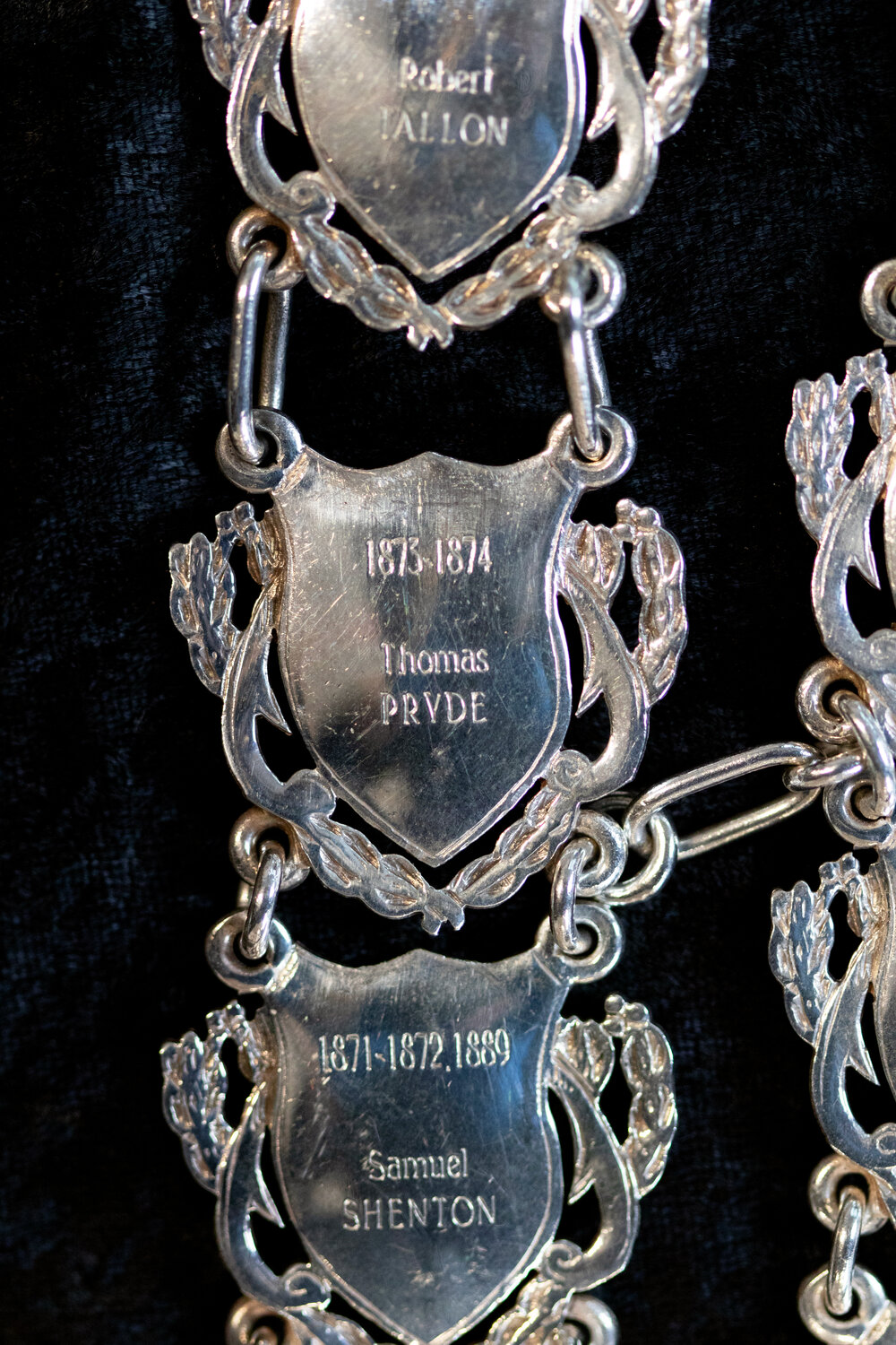 Shield for 8th Mayor of Ipswich Samuel Shenton, and 9th Mayor Thomas Pryde, close-up of the Ipswich Mayoral Chains of Office, in use since 2010 