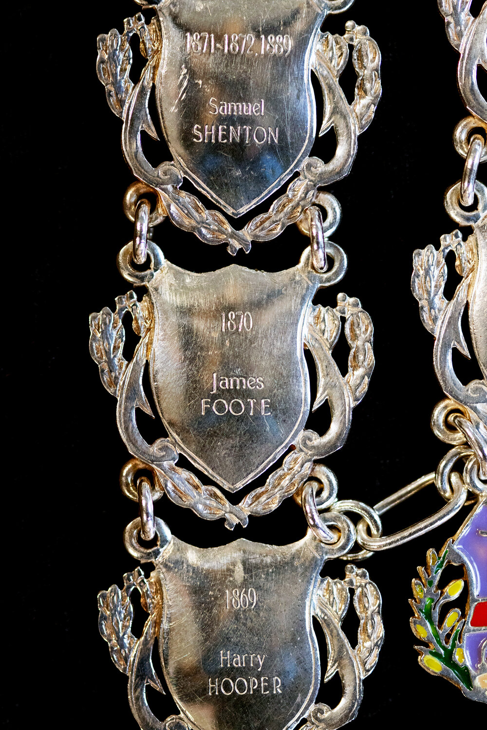 Shield for 8th Mayor of Ipswich Samuel Shenton, 7th Mayor James Foote, and 6th mayor Harry Hooper, close-up of the Ipswich Mayoral Chains of Office, in use since 2010 